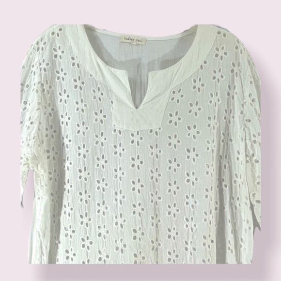 INDIGO SOUL white eyelet boho bell sleeve top EX L - Picture 5 of 11